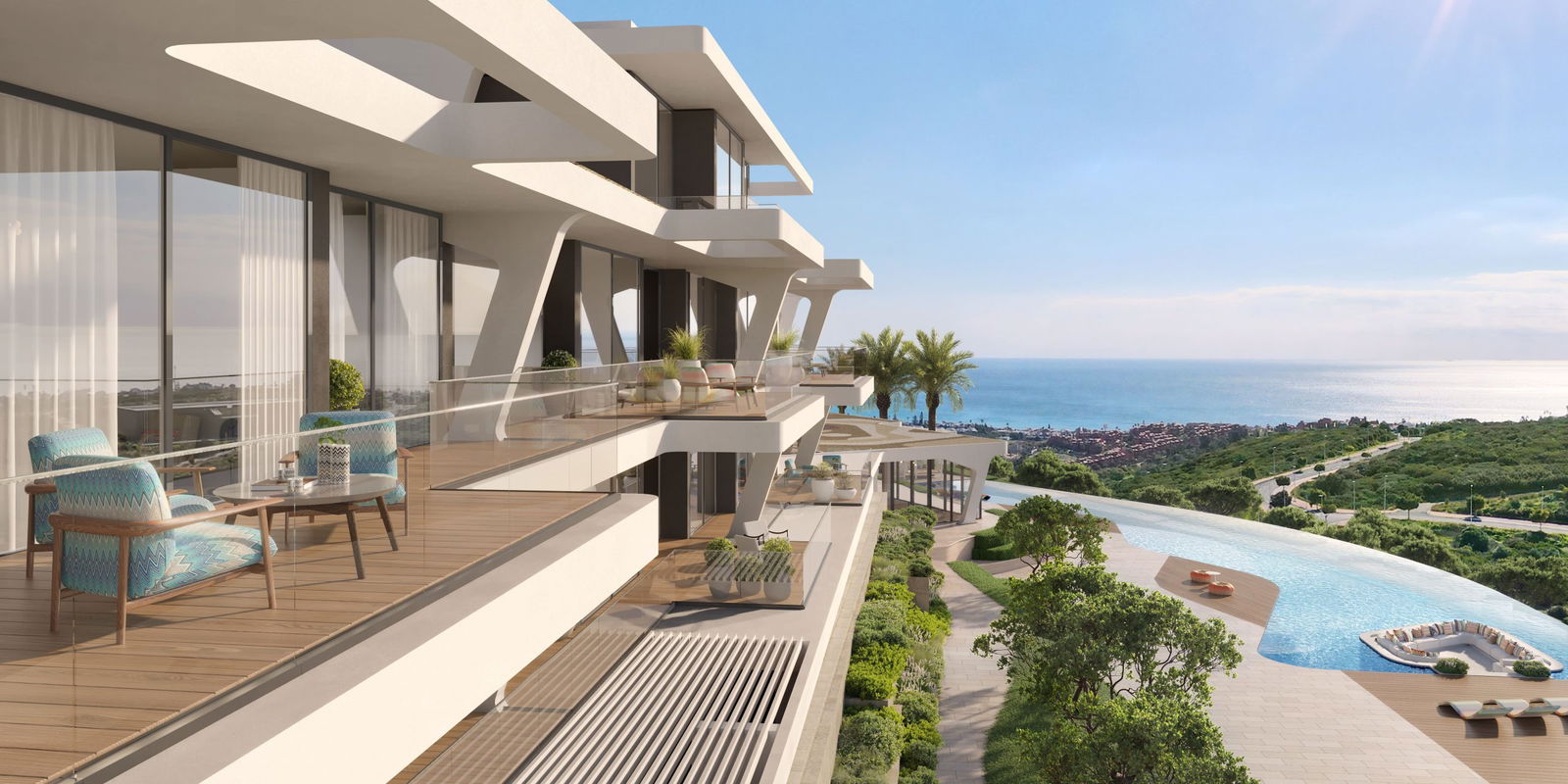 Marea - Missoni Branded Residences - apartment terrace angle with sea and pool views