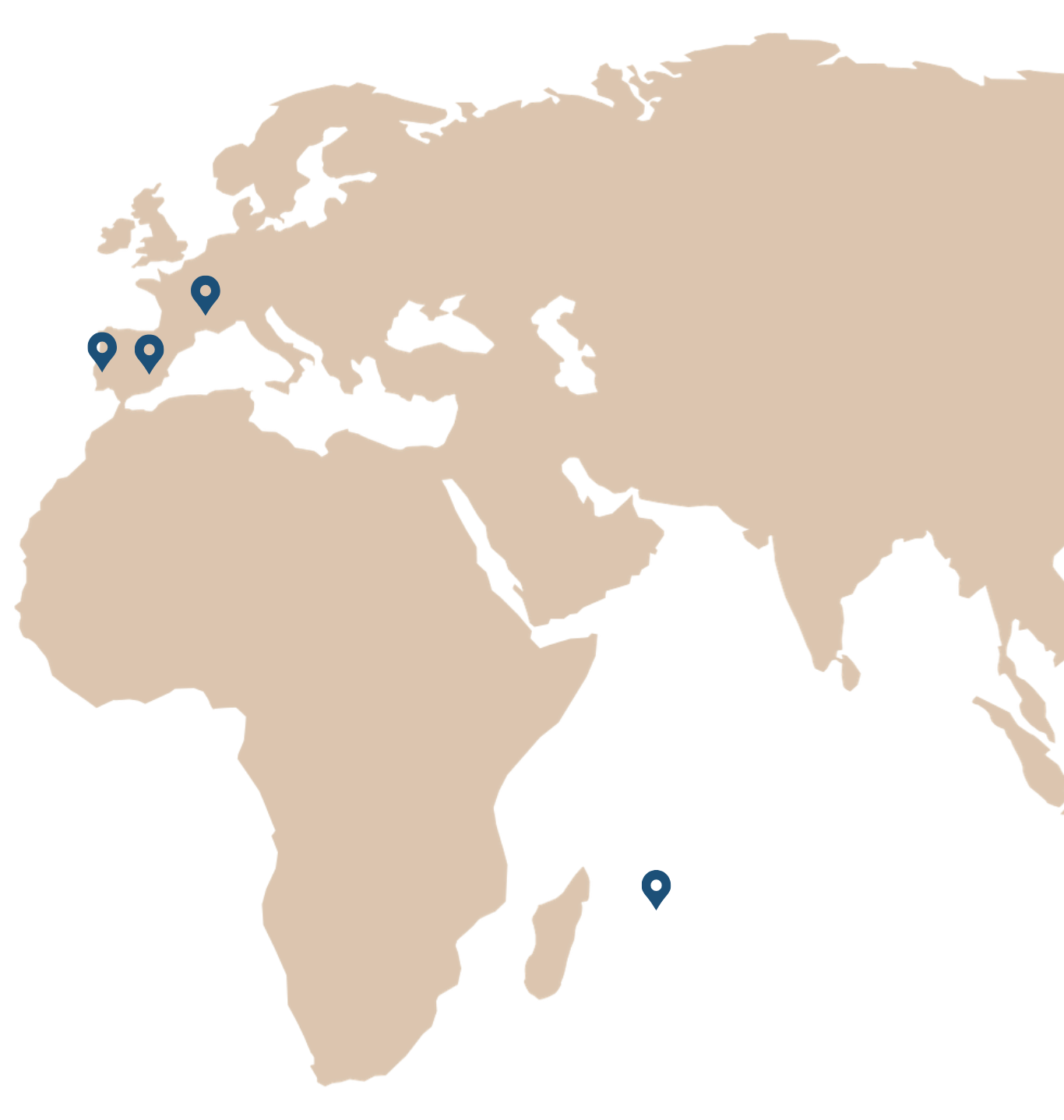 wpc homepage map World map focusing on pinpoints for France, Spain, Portugal & Mauritius as areas Worldwide Property help people buy property in.