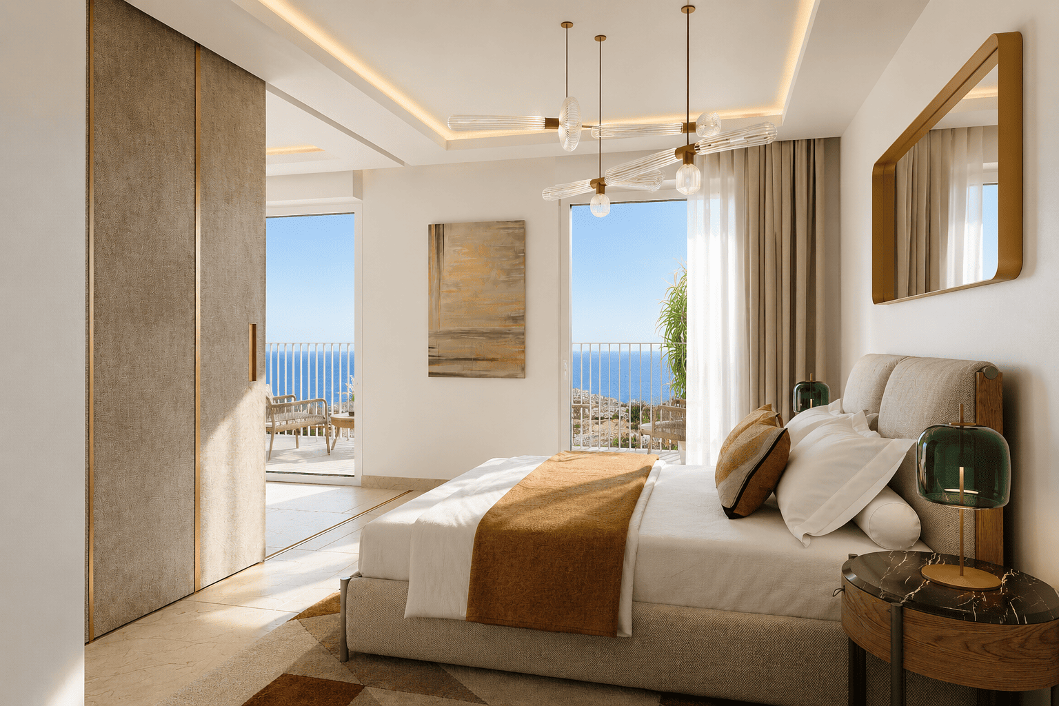Bedroom interior example with sea view - Le Balcon des Salines | New Apartments for Sale in Cap d'Ail