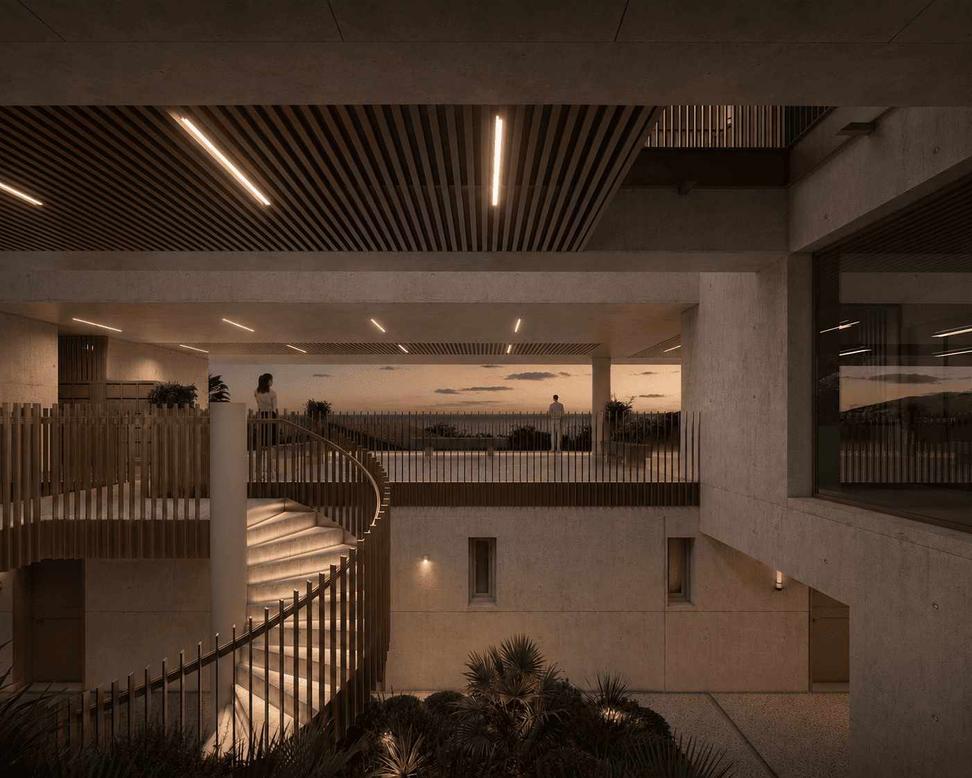 Building entrance sea in the distance at dusk - Le Balcon des Salines | New Apartments for Sale in Cap d'Ail