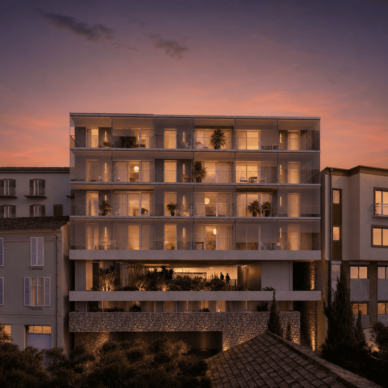 Building exterior back at dusk - Le Balcon des Salines | New Apartments for Sale in Cap d'Ail