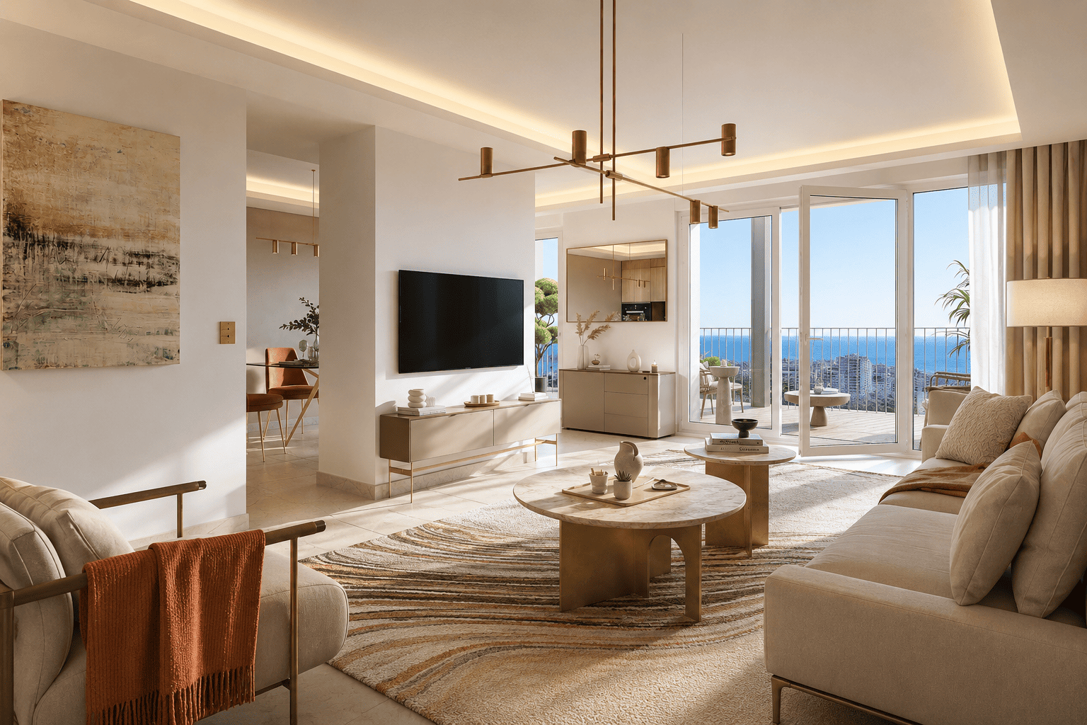 Living room interior example with sea view - Le Balcon des Salines | New Apartments for Sale in Cap d'Ail
