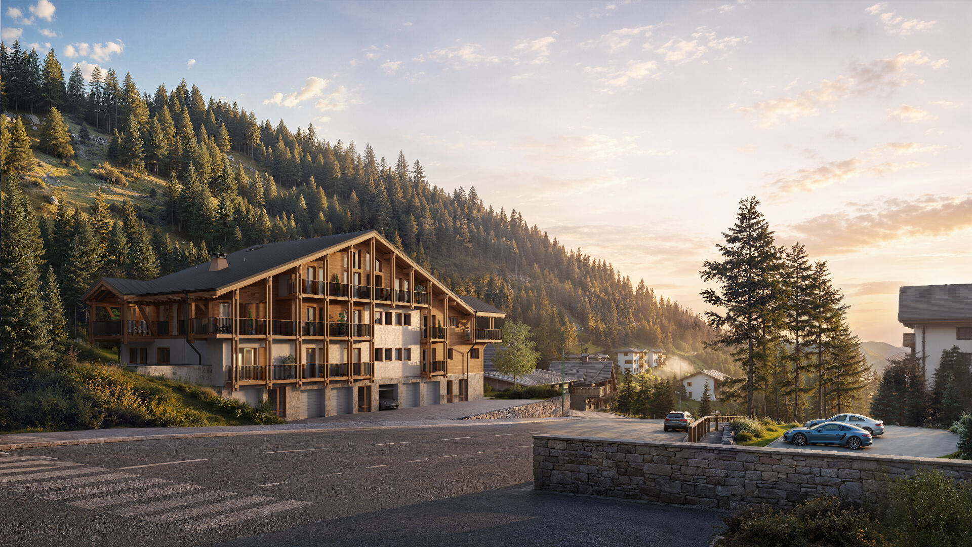 Annapurna - New Apartments for sale in Les Deux Alpes - building exterior golden hour
