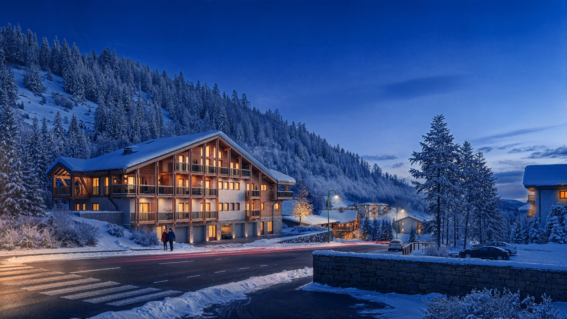 Annapurna - New Apartments for sale in Les Deux Alpes - building exterior snowy night