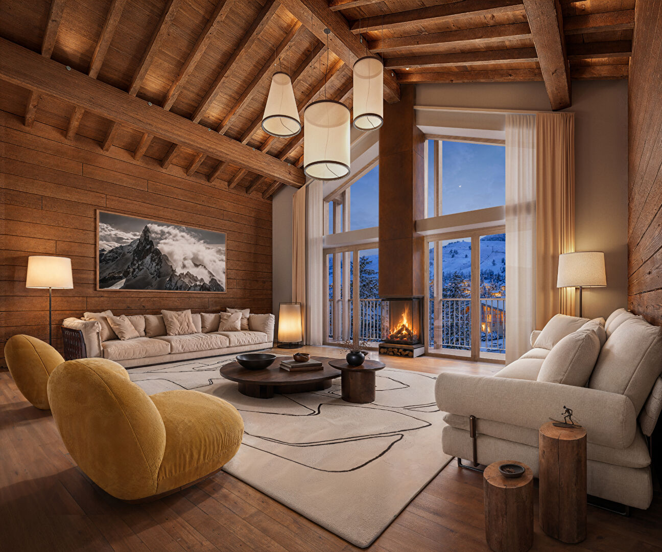 Annapurna - New Apartments for sale in Les Deux Alpes - lounge with fireplace