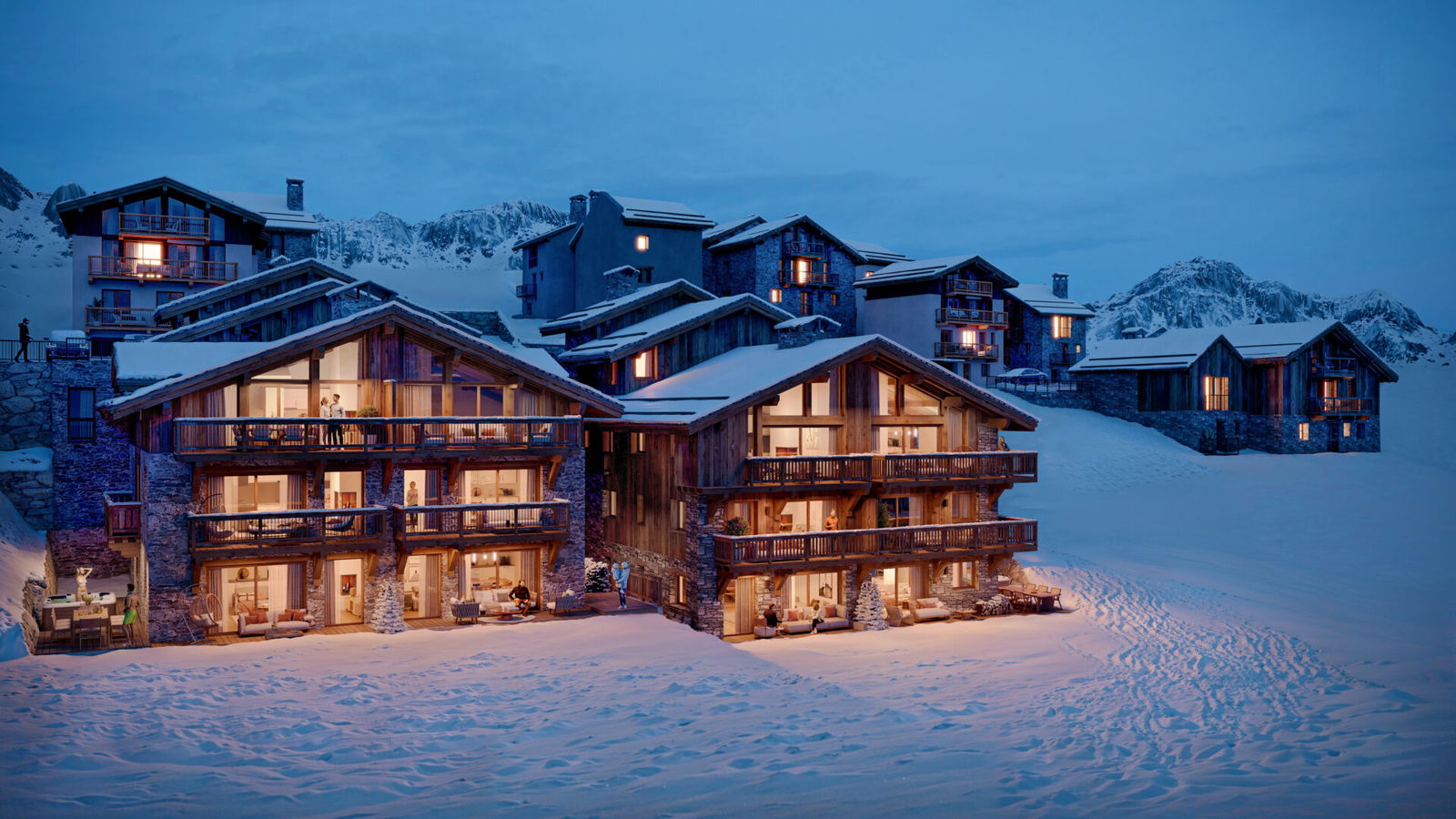 Les Chalets Alpine - New St Martin de Belleville apartments- Night time building exterior