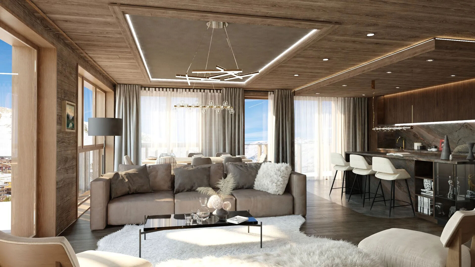 Les Suites - New Apartments for sale in Tignes - open plan kitchen and living room