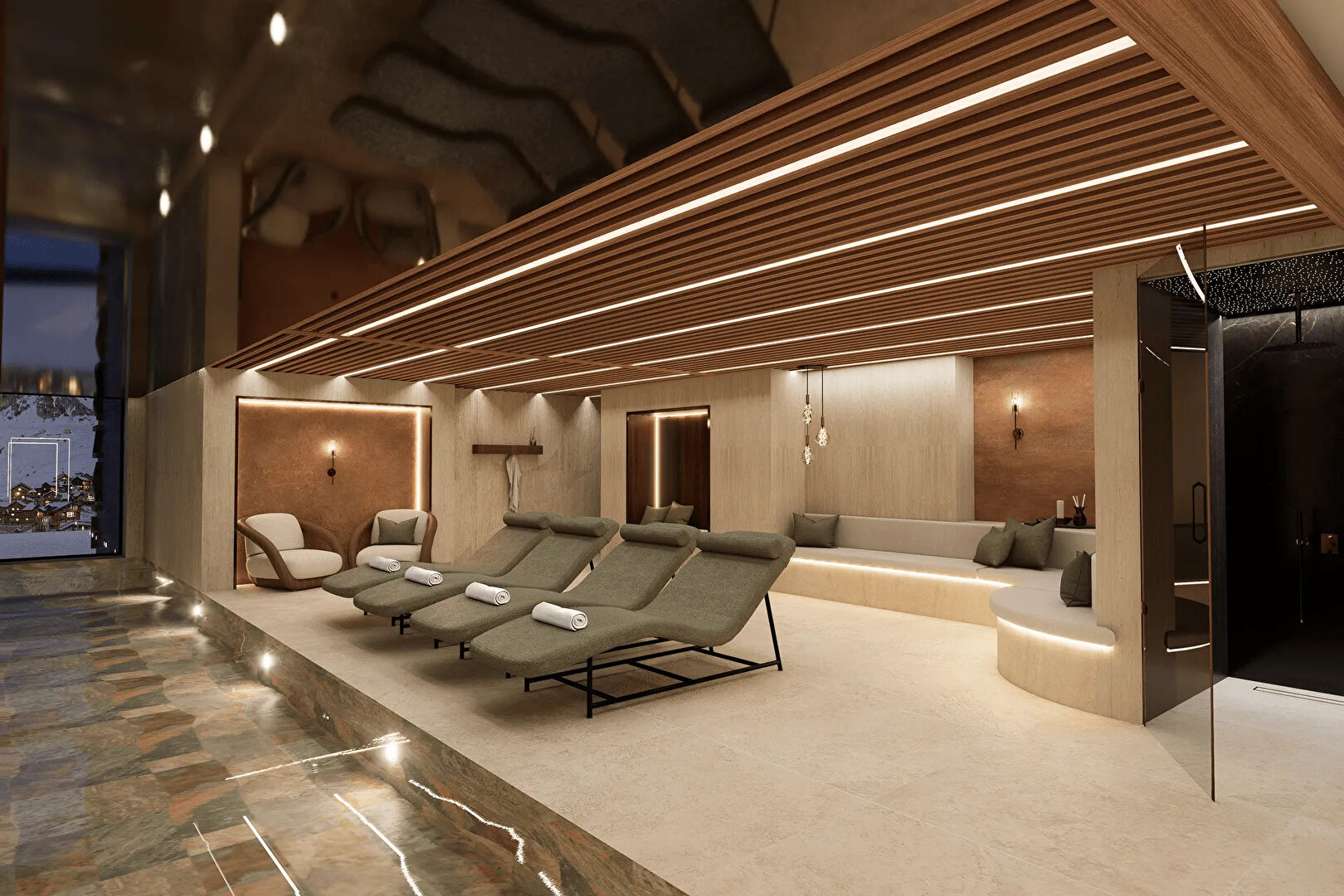 Les Suites - New Apartments for sale in Tignes - swimming pool sun lounger
